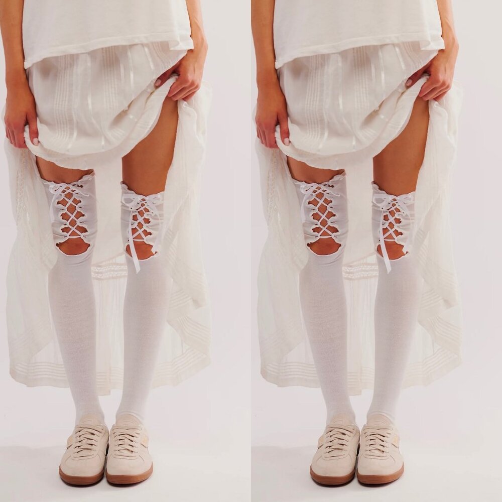 Free People Ticked and Tied Lace up Over The Knee Socks Ivory One Size NWT